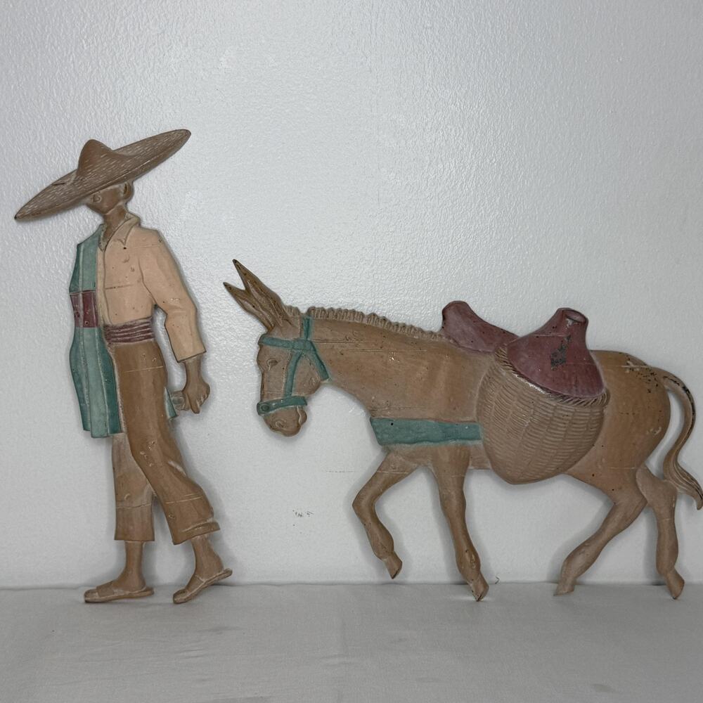 Southwestern Folk Art Villager Donkey Burro Cast Wall Sculptures Set 2 Decor